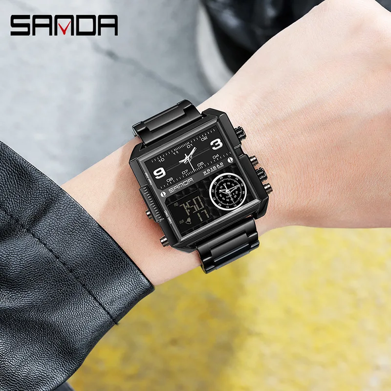 Free Shipping OUTLETSSanda6023Casual Business Men's Fashion Square Electronic Cool Steel Belt Luminous Watch