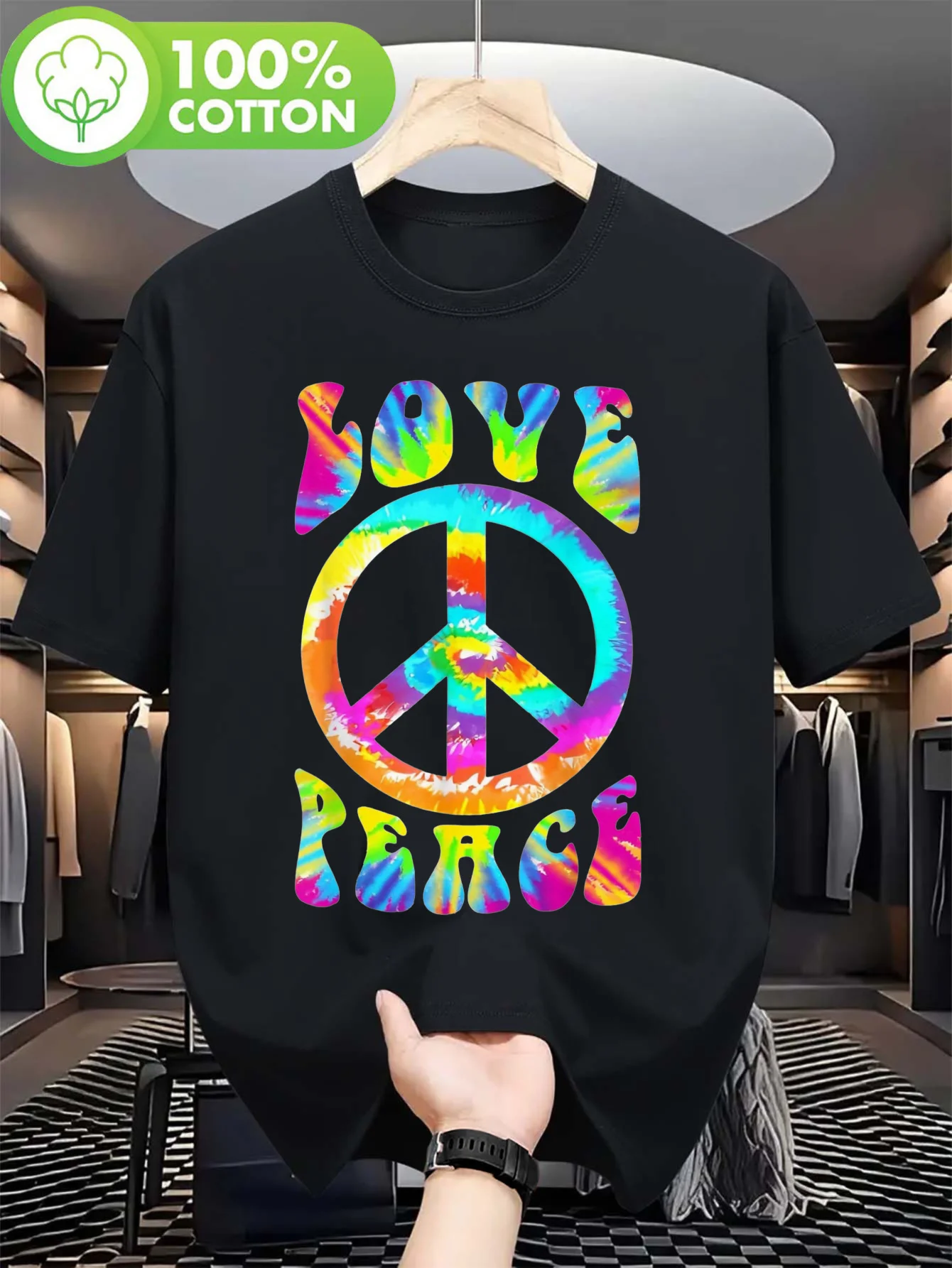 

60s 70s Hippie Tie-Dye T-Shirt, Peace Sign Love Graphic, Cotton Crew Neck Tee for Men, Retro Psychedelic Design, Lightweight & C