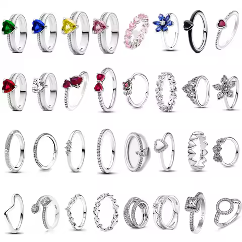 925 Silver Women Jewerly Accessories Ring Size 6 7 8 9 Pink Heart CZ Stone Red Black Rings DIY Birthday Gift Party