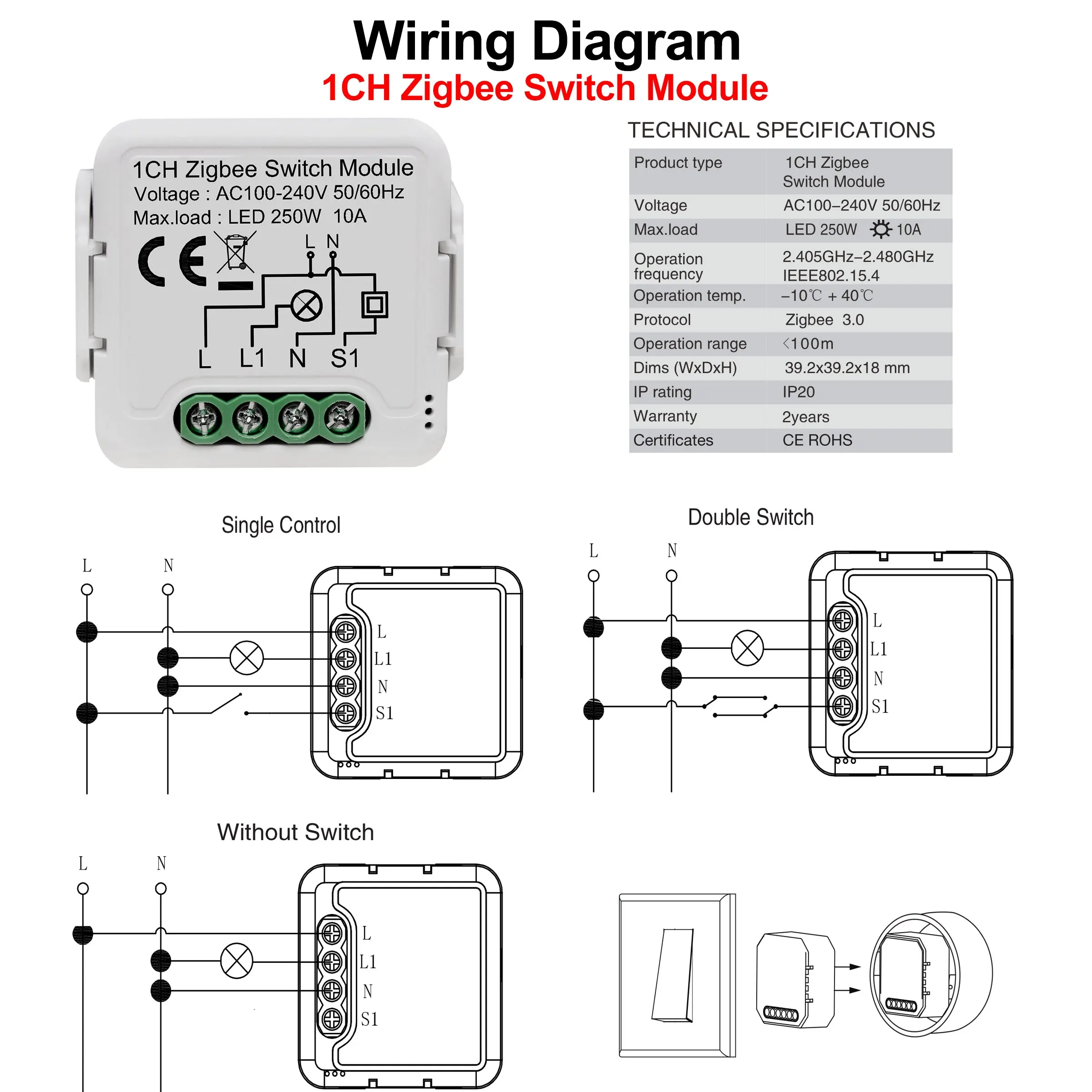 GIRIER Tuya ZigBee 3.0 Switch Module 10A Smart Home DIY Breaker 1 2 3 4 Gang Supports 2 Way Control Works with Alexa Google Home