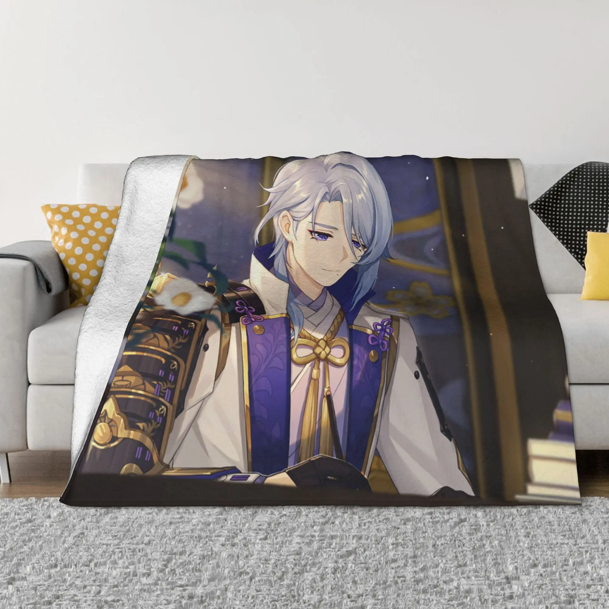 Kamisato Ayato Anime Blanket Cover Fleece Genshin Impact Soft Throw Blanket for Airplane Travel Bedroom Quilt