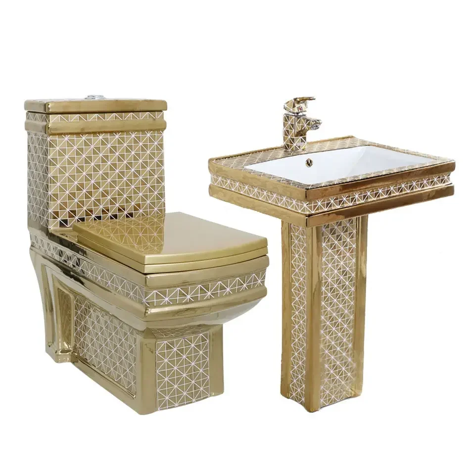 

Luxury style sanitary ware fashion modern gold plated pedestal basin wc bowl bathroom ceramic gold toilet set