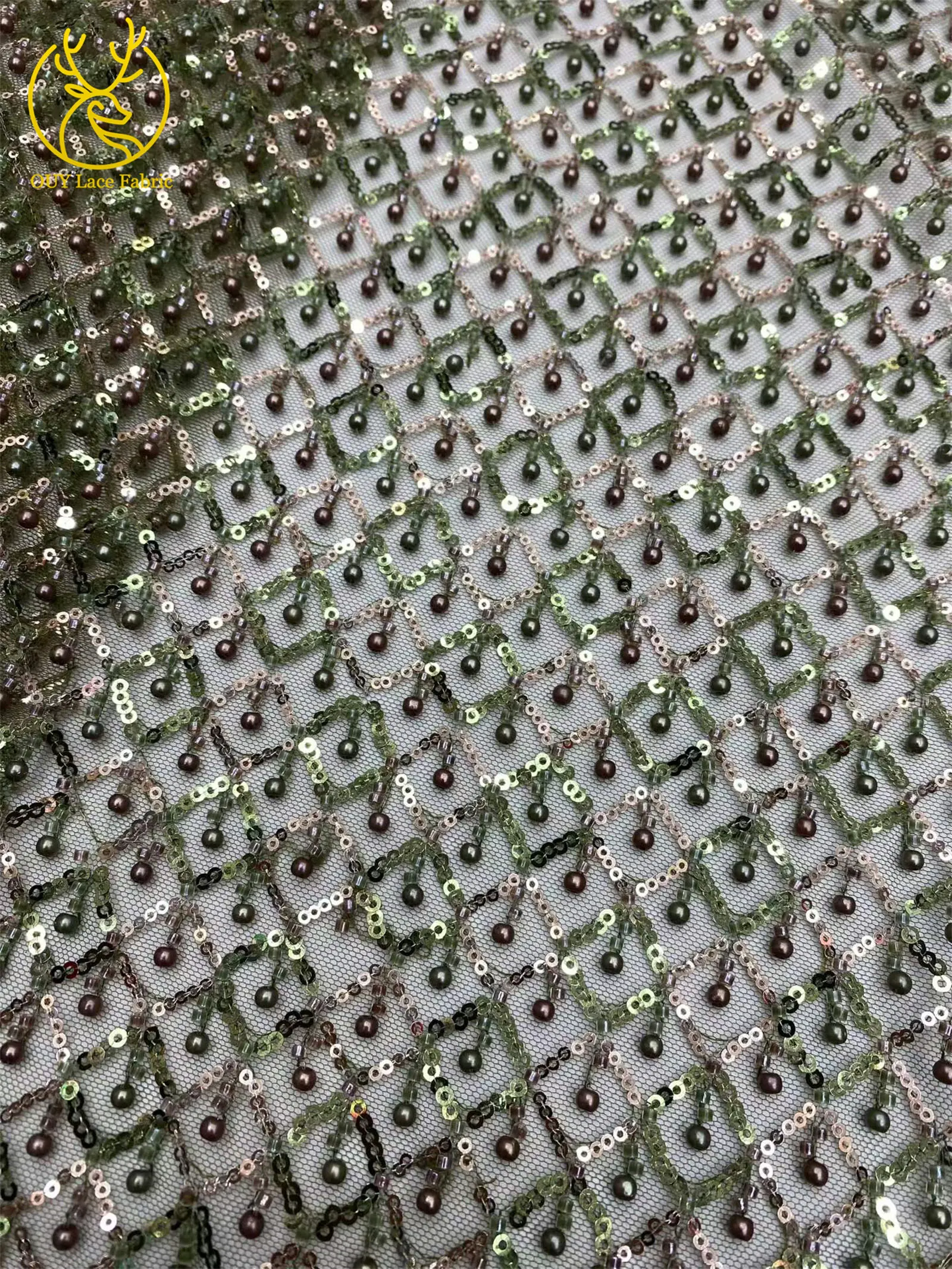 Olivgrüner afrikanischer Spitzenstoff, französischer Mesh-Spitzenstoff mit Pailletten und Perlen, Tüll-Mesh-Spitzenstoff für Damen, Hochzeitsfeier, Abendkleid, Nähen – Detail 11
