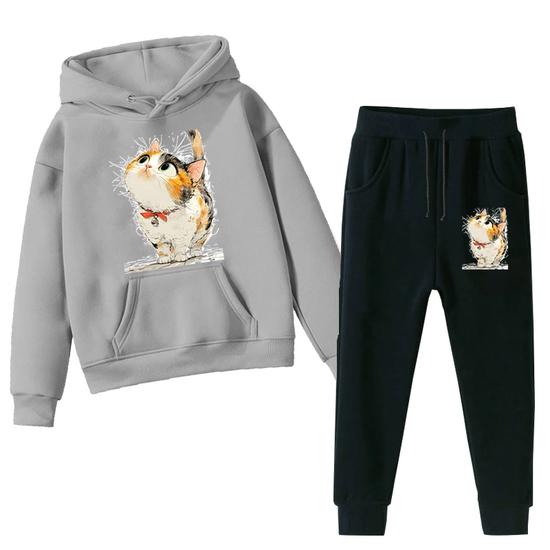 Calico Cat Cartoon Hoodie Kids Long Sleeve Sport Suit Boys Girls Sweatshirts+Pants 2pcs Sets Funny Kitten Child Kawaii Outfits