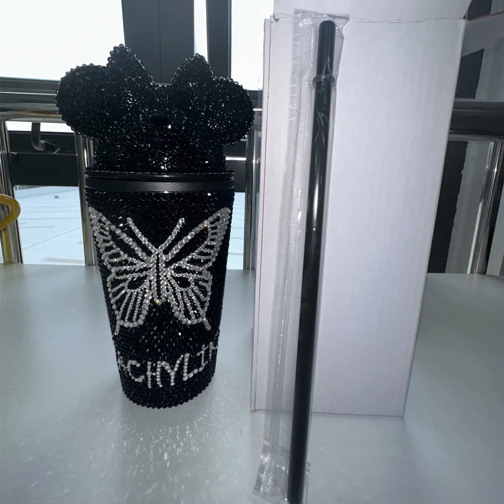 

Black Bling Crystal Clear Butterfly with Your Name Decorate & Straw,Lovely Lid 16OZ Cold Water Tumbler for Princess