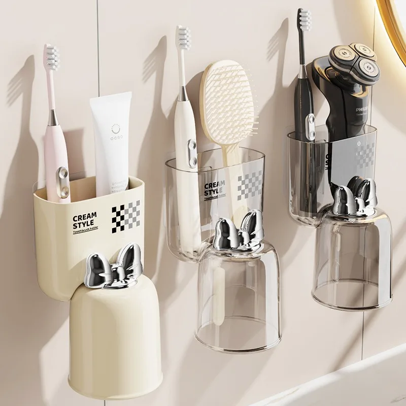 Non Perforated Wall Mounted Magnetic Toothbrush Cup Storage Rack for Bathroom Cleaning, Storage, Draining Teeth Tank Storage Rac