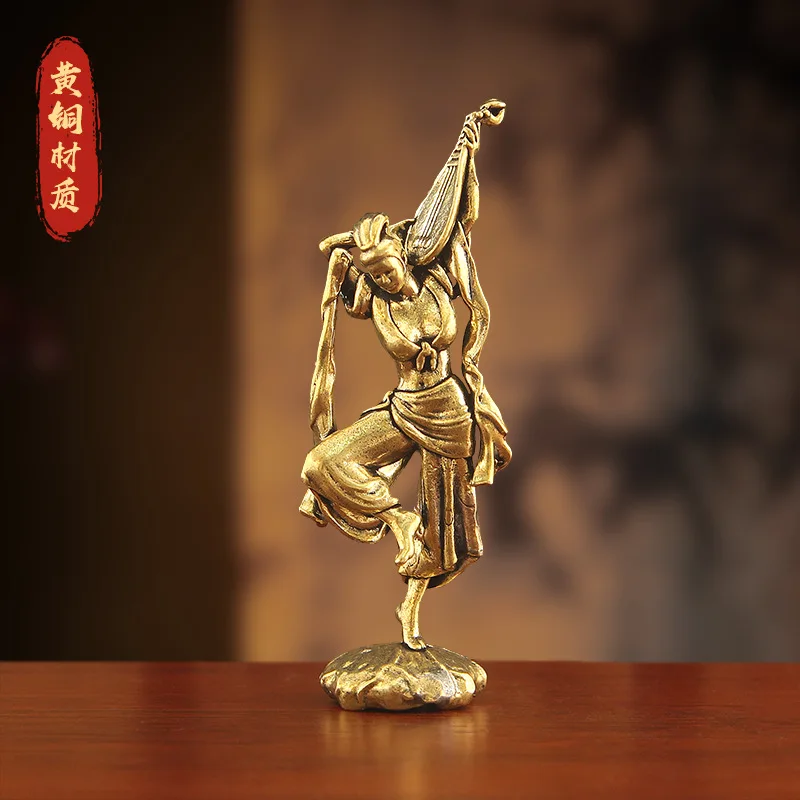 Brass Pipa Fairy Creative Flying Goddess Statue, Home Office Desk Entrance Decoration, Vintage Copperware
