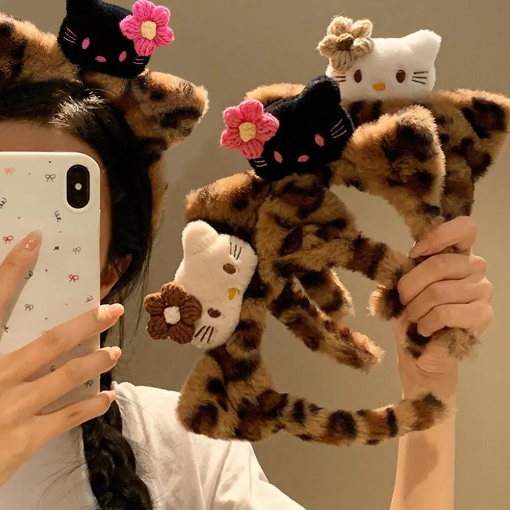 Cute Cat Ear Leopard Print Plush Headband Print Plusies Girls Face Wash Makeup Headband Cartoon Hair Accessories Gift