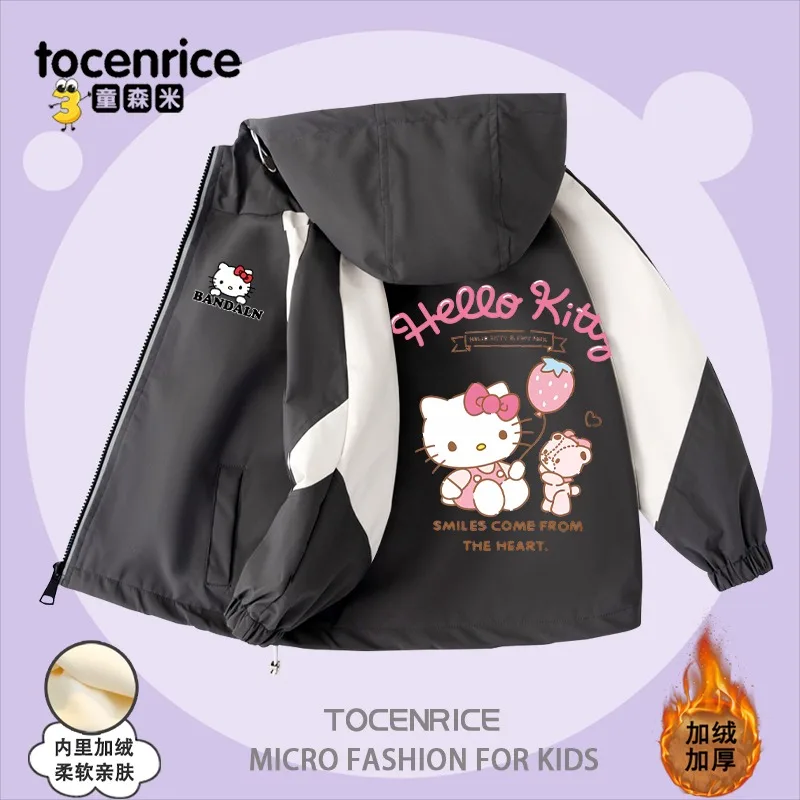 Anime Kawaii Sanrio Hello kitty Polarized Jacket Cotton Kids Hooded Cartoon Detachable Casual Top Girl Warm Outdoors Windbreaker