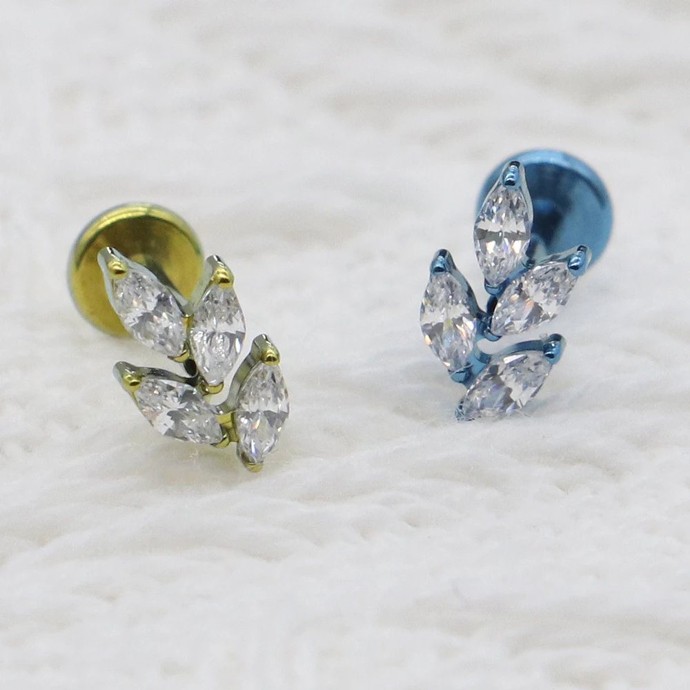 F136 5A Cubic Zircon Inner Threaded Cochlear Nails Horse Eye Leaf Earrings Titanium Piercing Jewelry Ear Bone Studs