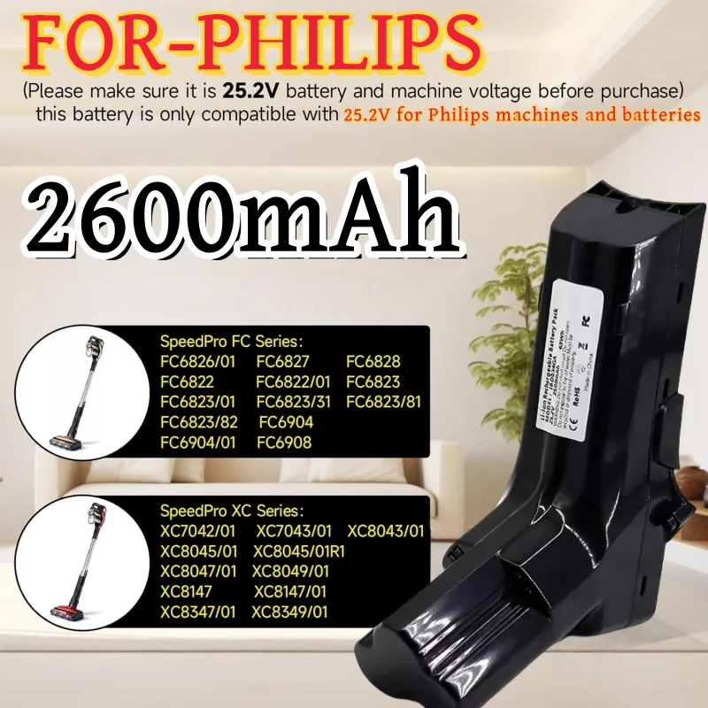 

25.2V 2600mAh Li-ion Battery for Philips SpeedPro Max Aqua/Stick XC8147 FC6822 Replacement Compatible FC6823/FC6908.
