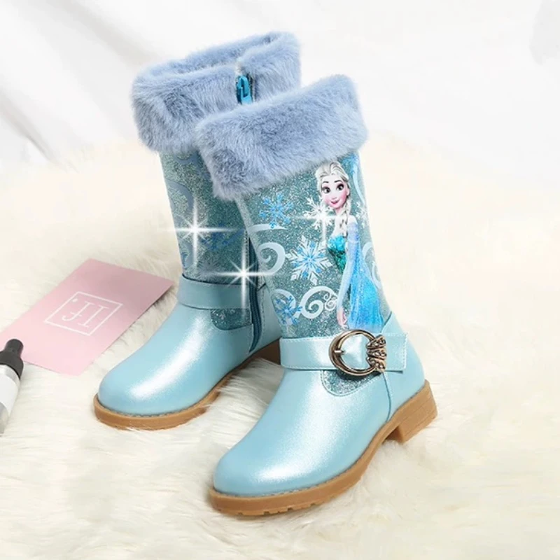 Disney leren meisjeslaarzen Winter Cartoon Frozen Laarzen Rits Hoge Pluche Prinses Elsa Laarzen Warme kinderlaarzen Maat 25-36