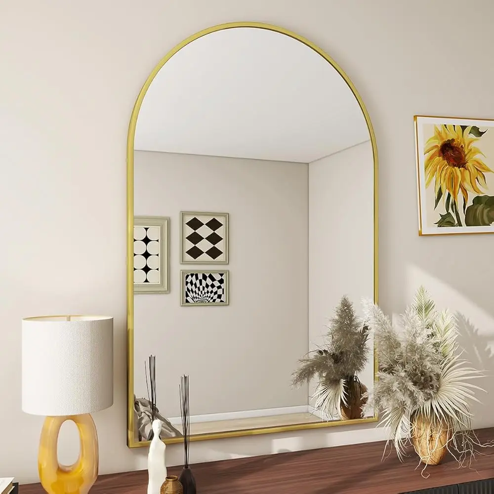 

Wall Mounted Mirror, 26 H X38 H Arch Bathroom Mirror, Gold Vanity Wall Mirror W/ Metal Frame For Bedroom, Entryway, Living