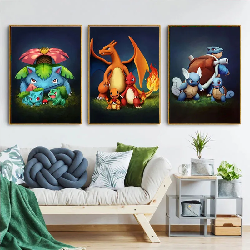 Classic Anime Pokemon Kawaii Bulbasaur Charmander Squirtl Evolution Poster Kids Bedroom Art Watercolor Pictures Canvas Painting