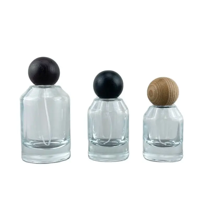 Round Ball Wood Cover Empty Glass Bottles 50ml Transparent Think Bottom Fragrance Mist Spray Crimpless Perfume Refillable Bottle