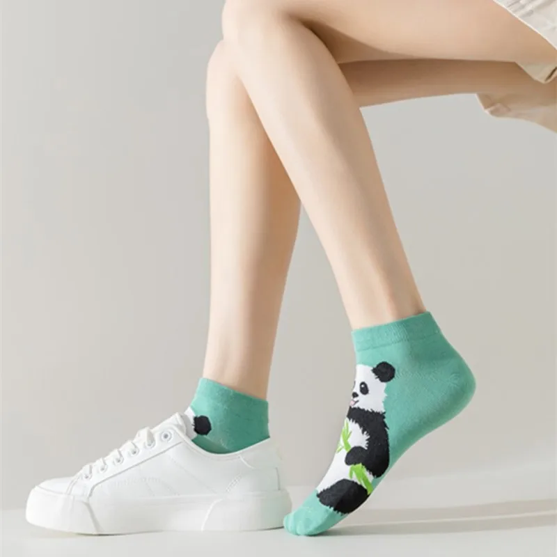 Spring Summer New Cartoon Panda Kitten Straight Ankle Socks Cute Animal Cotton Boat Socks for Women