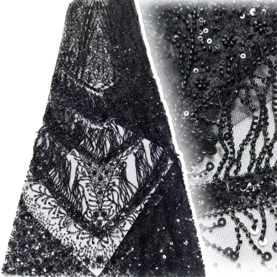 

Африканские черные бусины, кружевная ткань для женщин, шитье вечерних платьев, французская сетка с вышивкой и блестками, ткань для свадебной вечеринки, 1997 г.