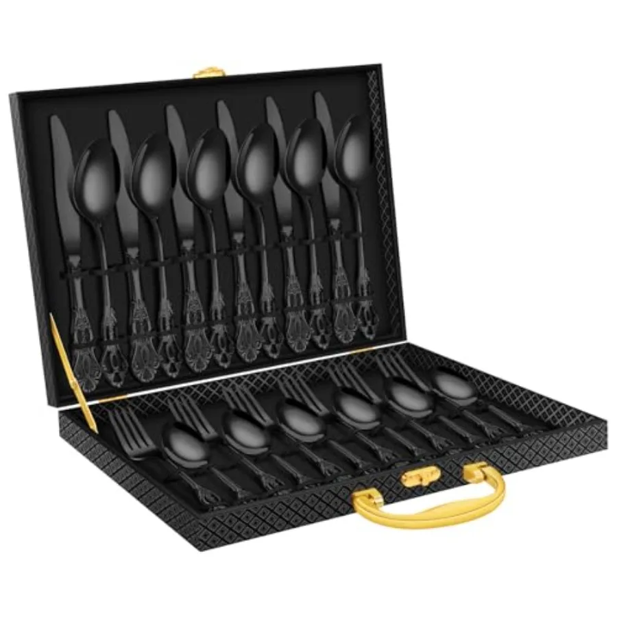 

30PCS Black Silverware Set Retro Royal Flatware Set for 6 with Case Food-Grade Stainless Steel Utensil Set Mirror Polished Incl