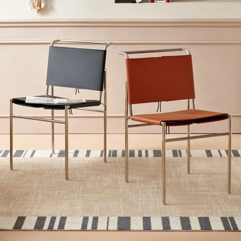 Ins Nordic Minimalist Metal Dining Chair,  Leather Sling Chair, Light Luxury Backrest Chair for Cafe Living Room