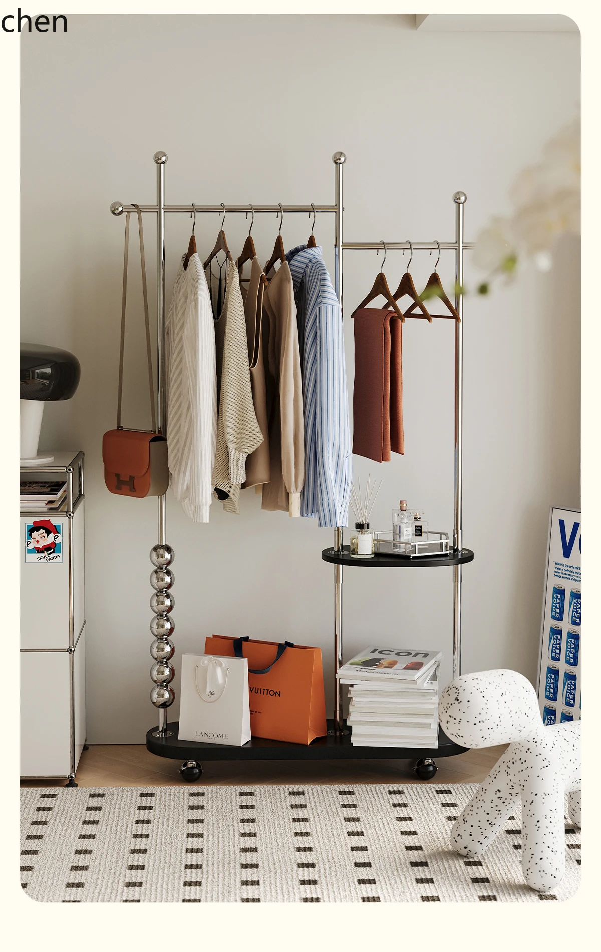 

HXL solid wood hanger medieval floor mobile coat rack stainless steel storage hanger