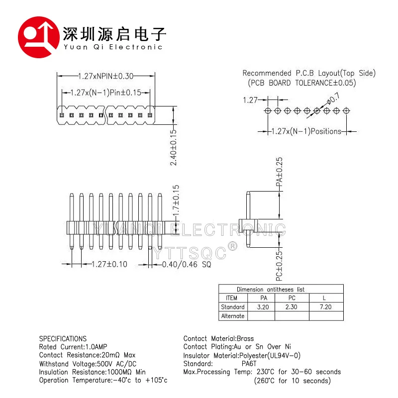 10Pcs/Lot 1.27mm Pitch 1.27 Pin Header Single Row Male Breakaway PCB Board Connector Pinheader 1*2/3/4/5/6/8/9/10/12/15-40p 50p