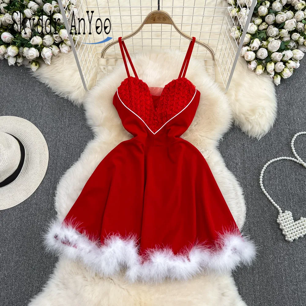 

Women's Dresses Autumn Winter 2023 Vestidos Love Strapless Backless Furry Sexy Short Mini Christmas Dress A-Line Red Party Dress