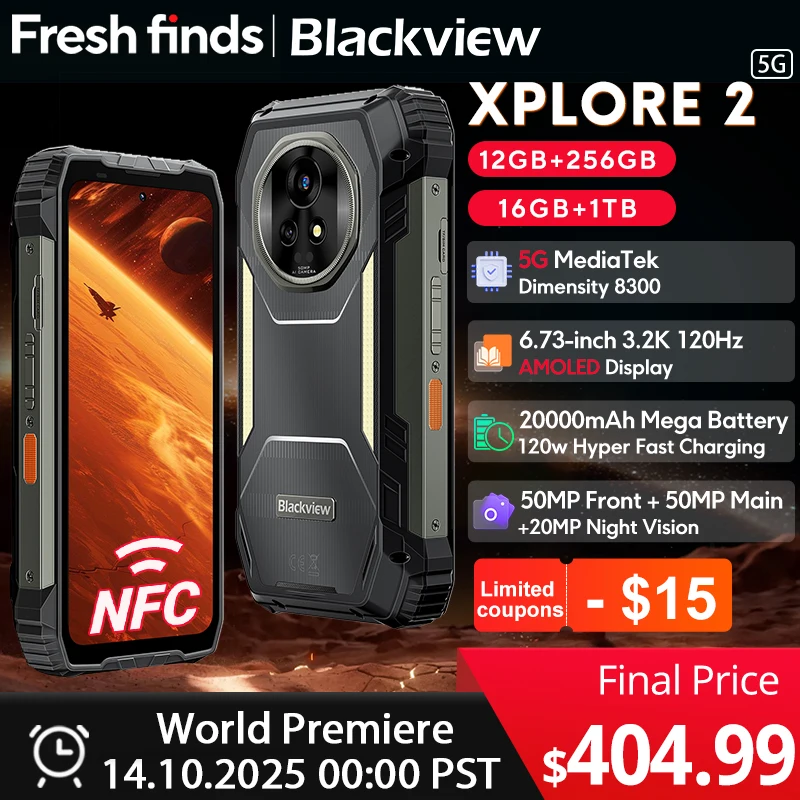 【World premiere】Blackview XPLORE 2 Rugged Phone 5G 6.73” 3.2K AMOLED Display MediaTek Dimensity 8300 20000mAh 120W Charger