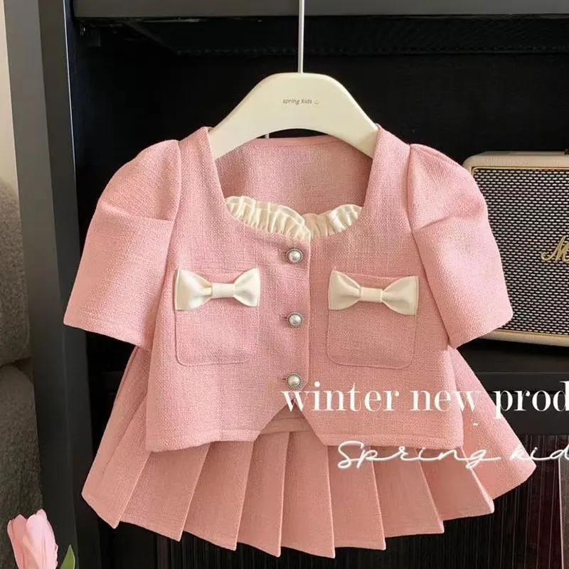 

Elegant Fashion Harajuku Slim Fit Children Clothes Loose Casual All Match Princess Skirt Solid Short Sleeve Tops Two Piece Set