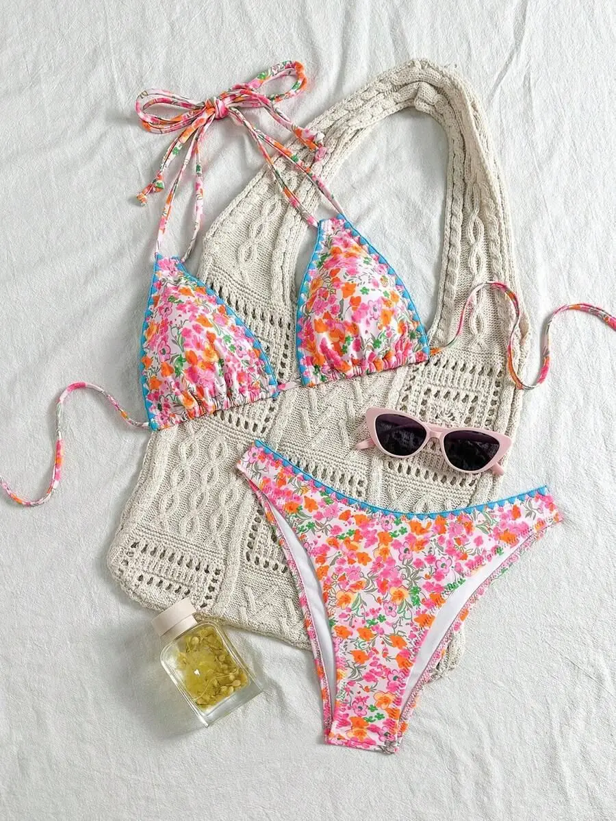 

Sexy Bathing Suit 2025 Flower Swimsuit Fashion Split Swimsuit Strap Bikini Beach Style L