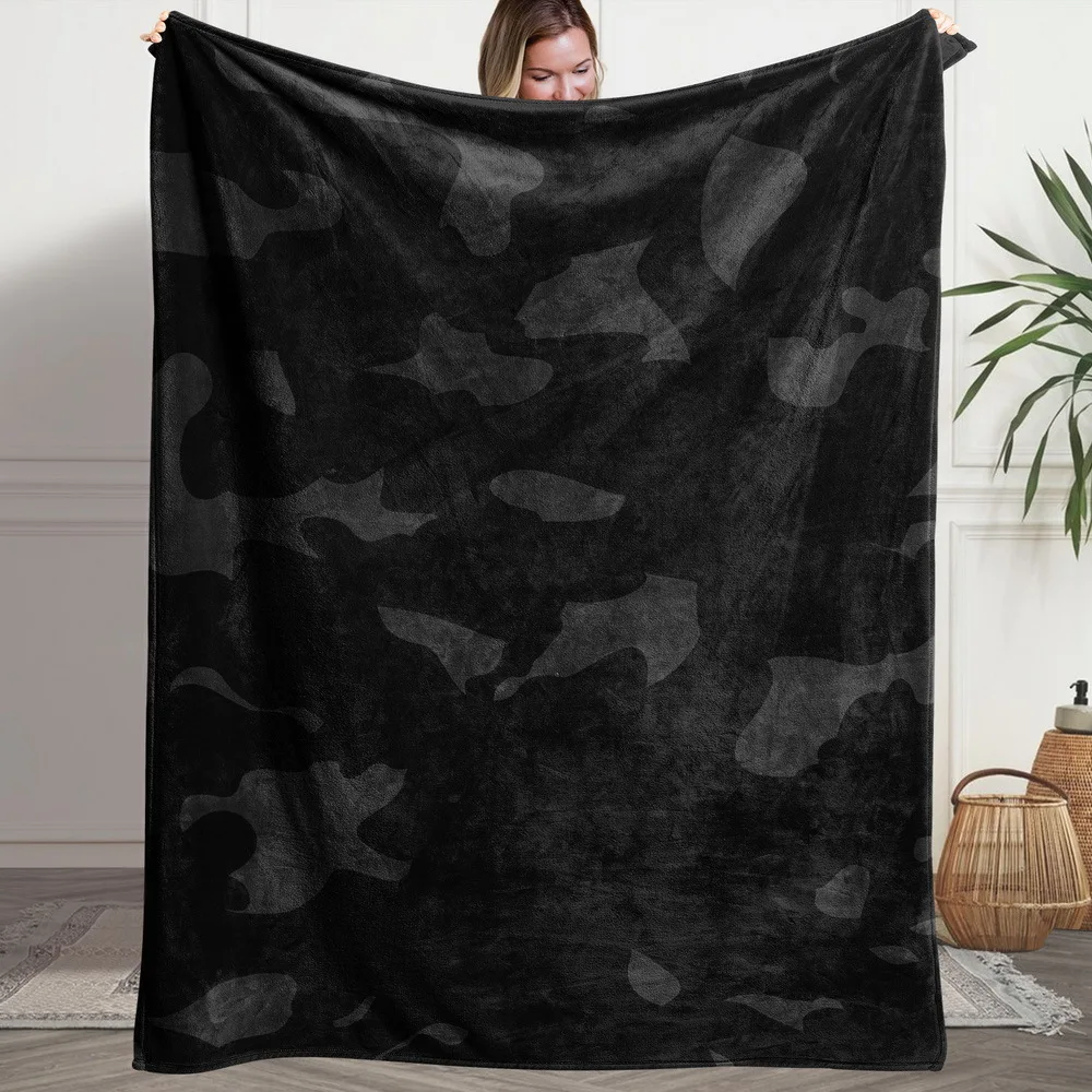 1pc Fluffy Throw Blanket - Black Camouflage Print on White, Ultra-Soft Flannel All-Season Warmth for Sofa, Bed, Camping & Travel