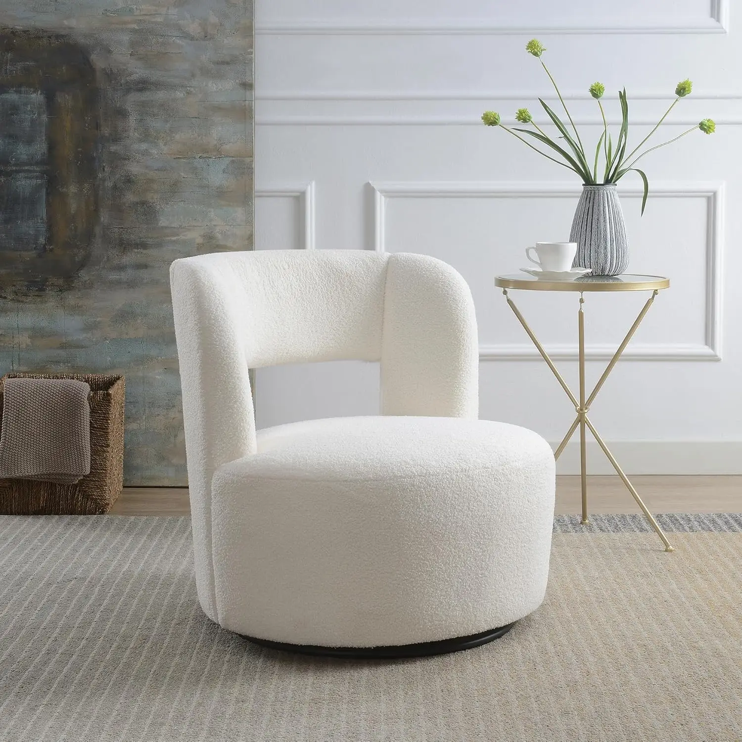 Swivel Barrel Chair With Soft Teddy Fabric, Comfy Round Accent Chair For Living Room, Upholstered Performance Fabric For Living