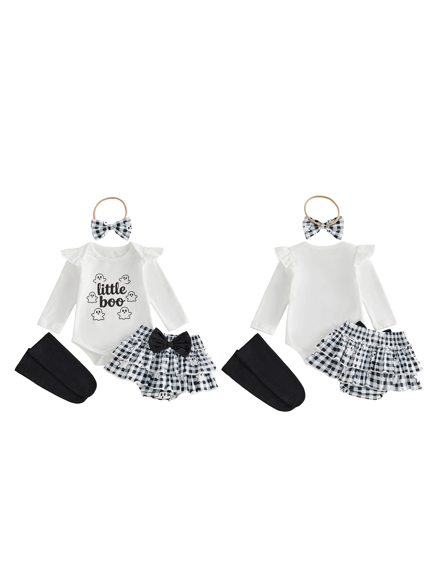 

Toddler Girls Halloween Costume Ruffle Sleeve Pumpkin Ghost Print Romper Tiered Shorts Headband Socks Set for Infants