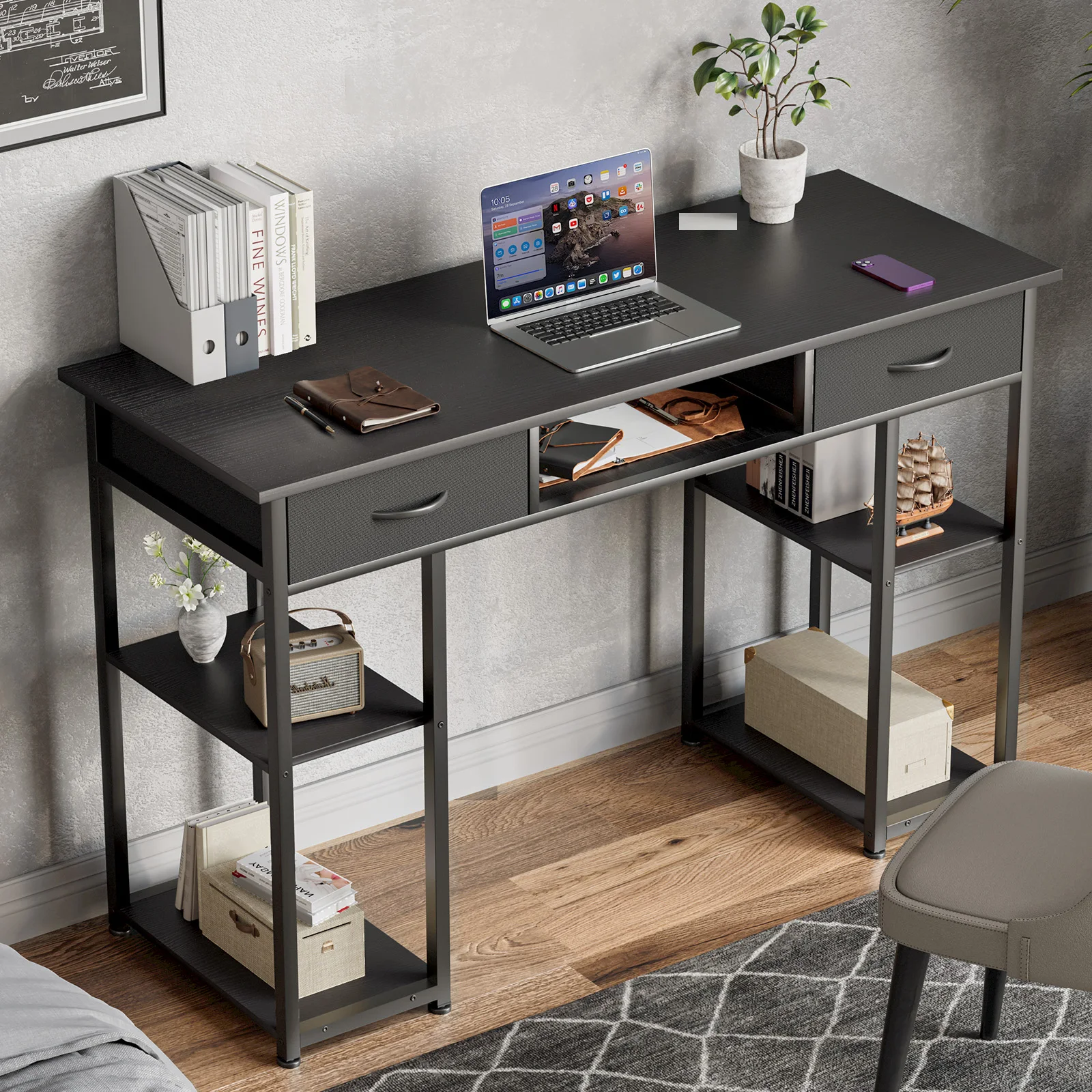 MCQ 48 Inch Standing Office Computer Desk with 3 Fabric Drawers Ergonomic Writing Study Work Table Gaming Table for Home Office Use Workstation