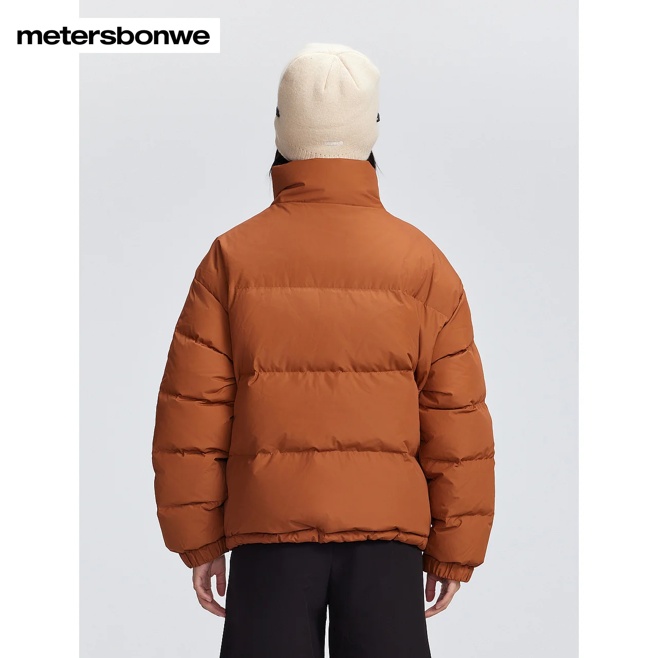 Metersbonwe Women Stand Collar Windproof Warm Down Jacket  Adjustable Hem Short Loose Color Clash  Winter Down Parker Coats