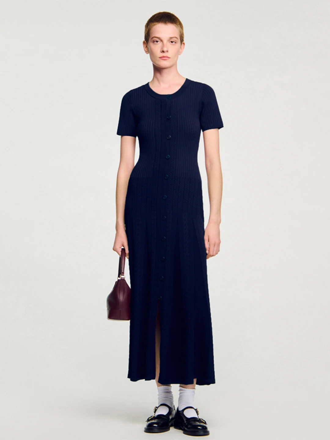 Saia A-Line de Cintura Alta com Bordado Floral em Tricô, Botão Único, Nova Chegada Outono/Inverno para Mulheres