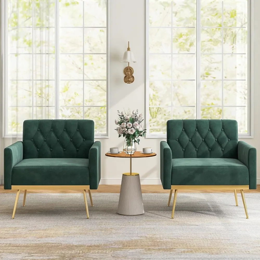 

Modern Velvet Accent Chair Set of 2, Mid-Century Upholstered Single Sofa Chair w/Button Tufted Back, Gold Metal Legs, Ad