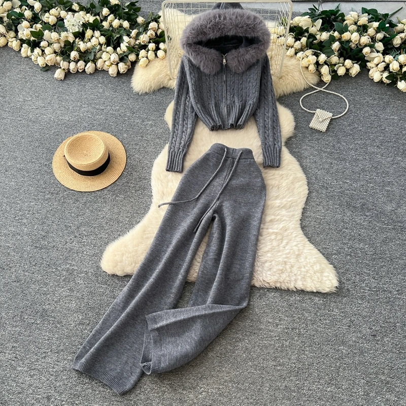 2026 Hot Fashion Outfit Women's Autumn and Winter Fur Patchwork Slim Fit Short Hooded Knitted Top High Waist Wide Leg Pants