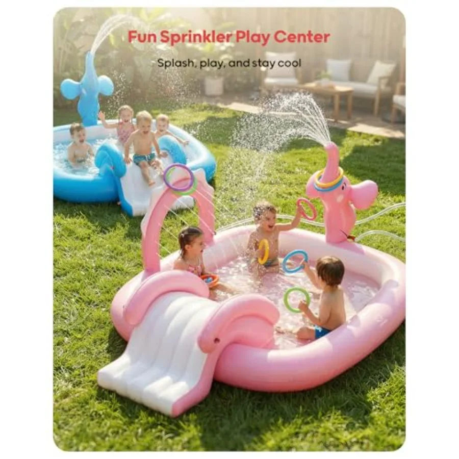 pool for garden backyard use, inflatable vinyl material, pink color, features slide, sprinkler, and 4 rings for fast inflation