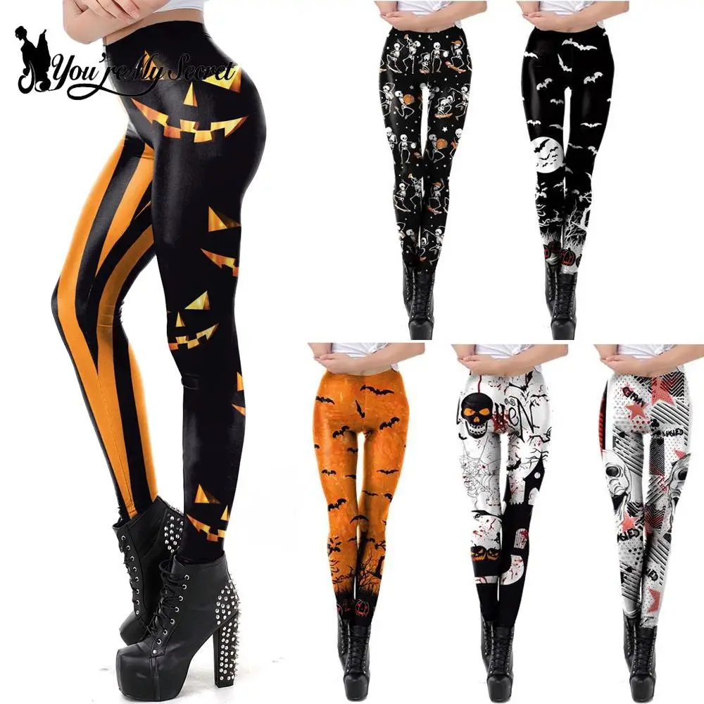 [You\'re My Secret] New Arrival Halloween 12% Spandex Pumpkin Skull Digital Print Woman Sexy Stretch Pant Slim High Waist Legging