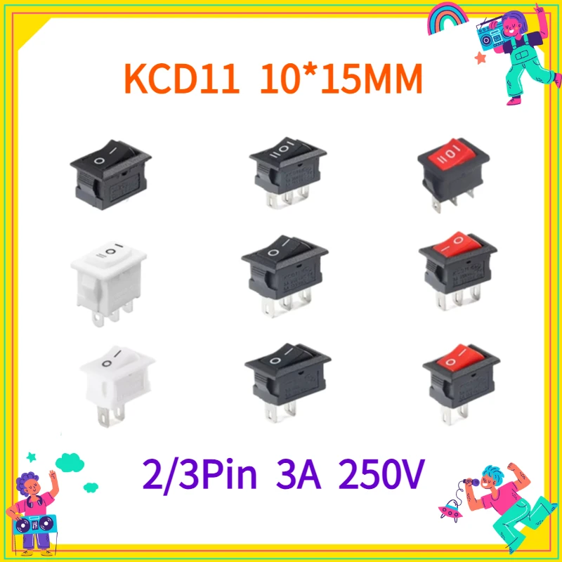 5PCS Black 10*15mm Button Rocker Switch 3 Pin 2 Pin 3A 250V AC 10X15 Mini Rocker Power Switches Manual Transfer Switch on off