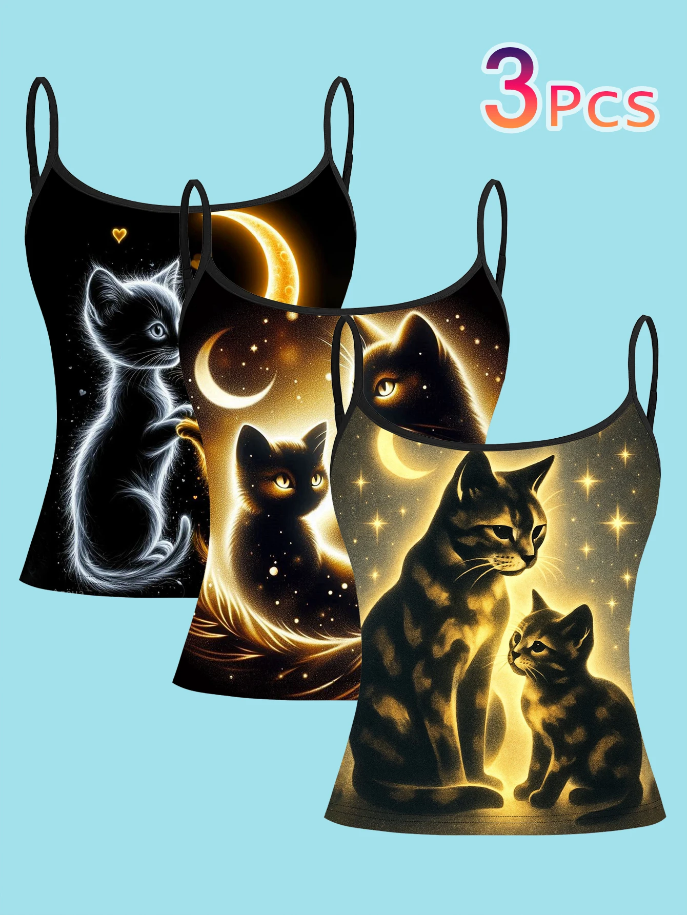 3-Piece Set of Black Cat Star and Moon Luminous Print Spaghetti Strap Camisole for Women, Mysterious Dreamy Style Slim Fit Inner Layering Top