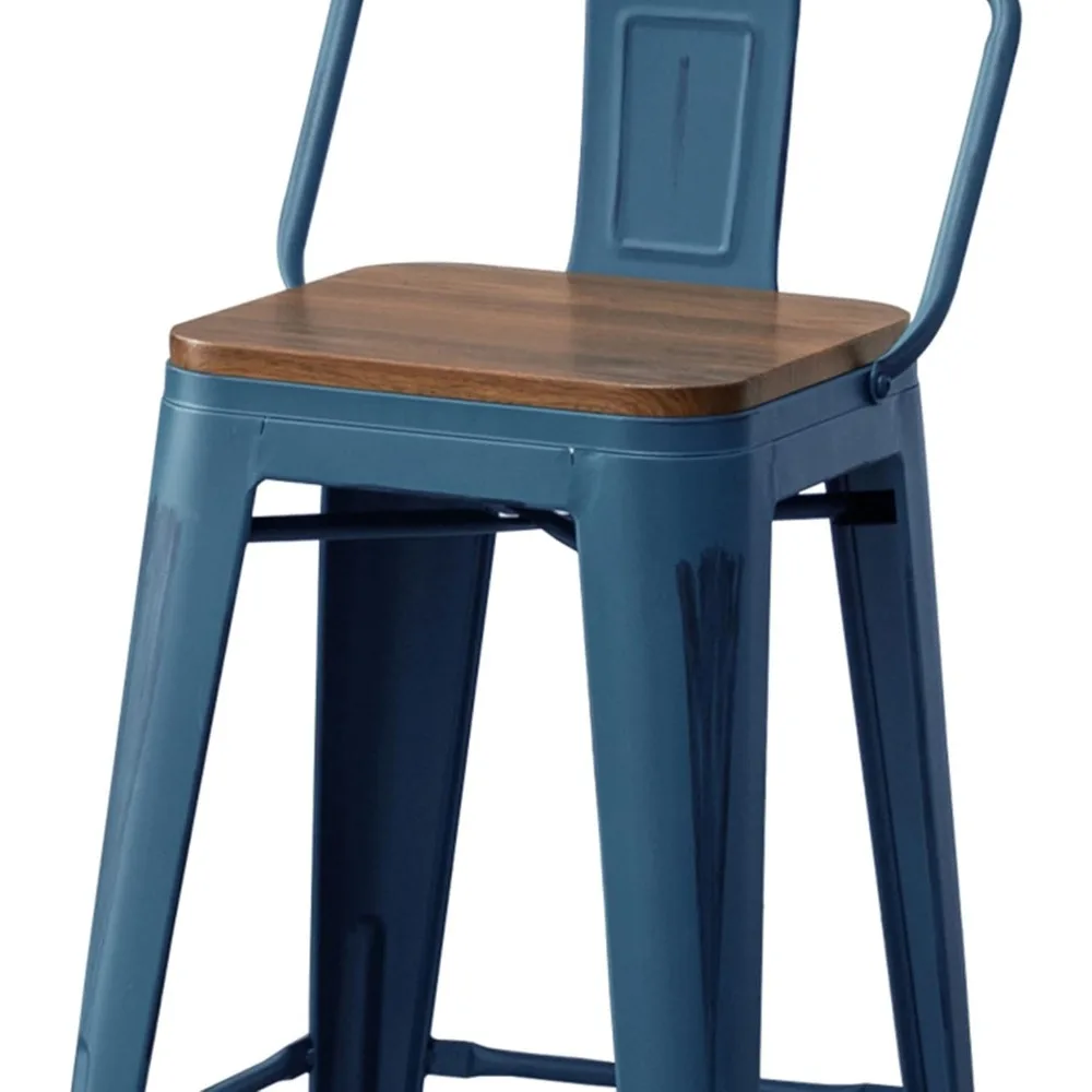 Bar Stools Set of 4 Counter Height Stools Industrial Metal Sturdy Barstools with Wooden Seats(24 Inch, Distressed Navy)