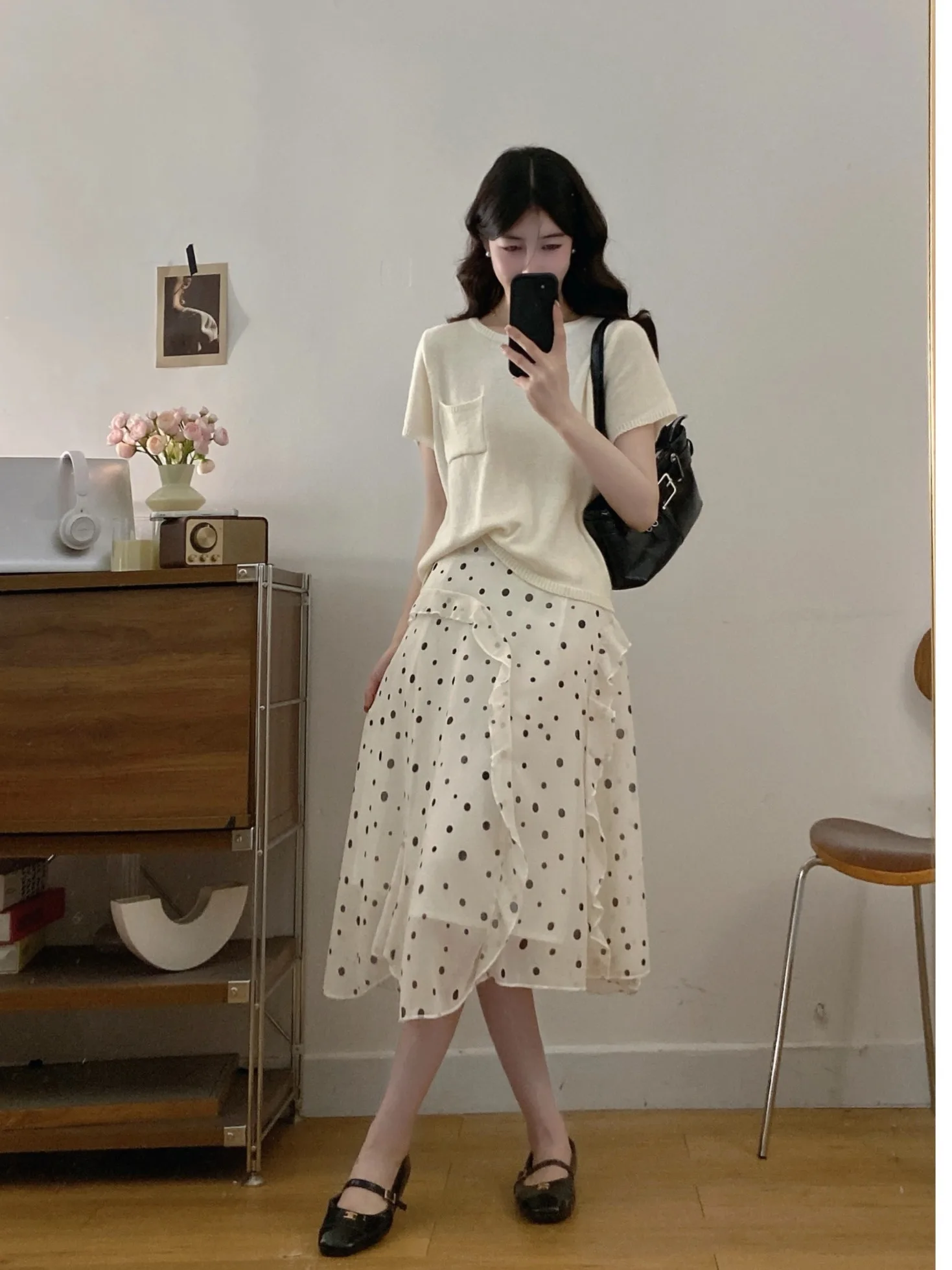 

plus Size Summer New High Waist Polka Dot Knitted Short Sleeve Top And Skirt Set Thin Model Side Slit Korean Style Commute