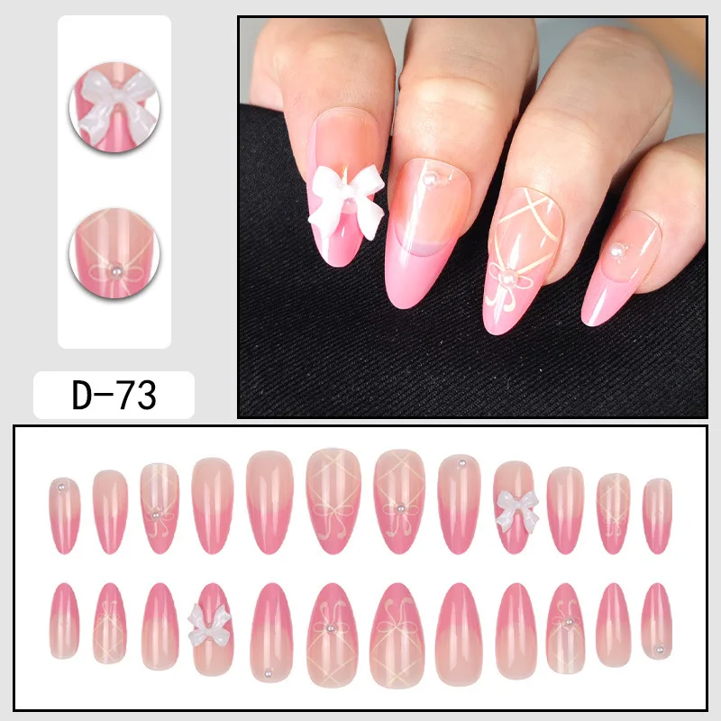 24pcs Sweet Pink French Press On Nails 3D White Bowknots Pearl Decor False Nail Ballerina Wearable Almond Fake Nail For Women