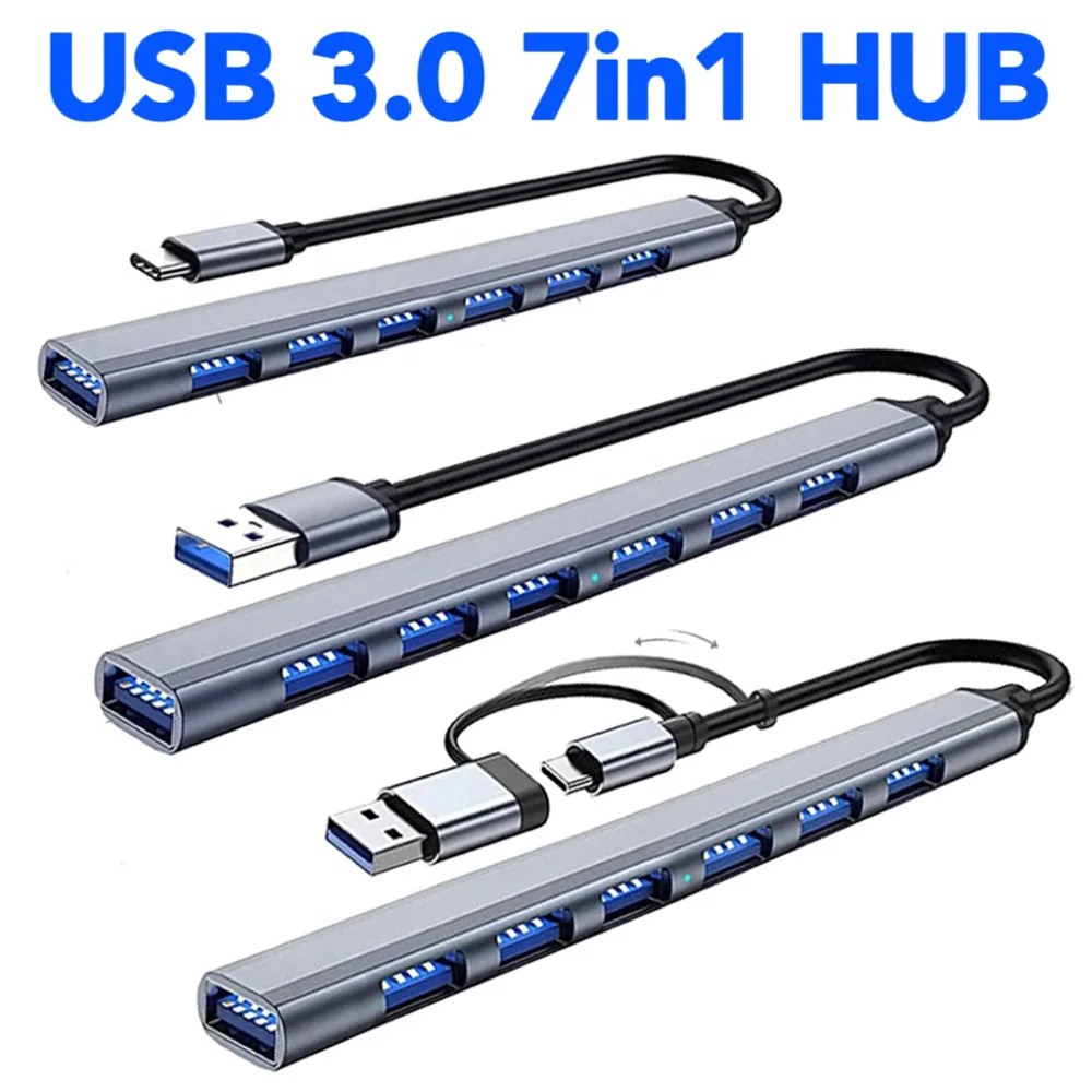 7-in-1 USB C Hub Dual Input USB A & Type-C Plug USB 3.0 High Speed Splitter OTG USB Expander Adapter For MacBook Pro Laptops PC