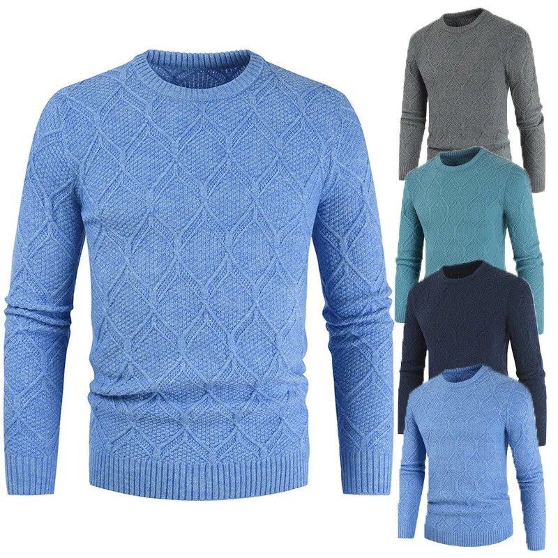 Men's Sweater Autumn and Winter New Korean Version Round Neck Slim Casual Knitted Sweater Diamond Plus Size Sweater