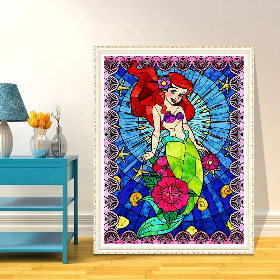 Disney Stained Glass Diamond Painting Princess Craft Kit Embroidery Cartoon Ariel DIY Hobby Mosaic Jasmine 30*40cm Handmade Gift