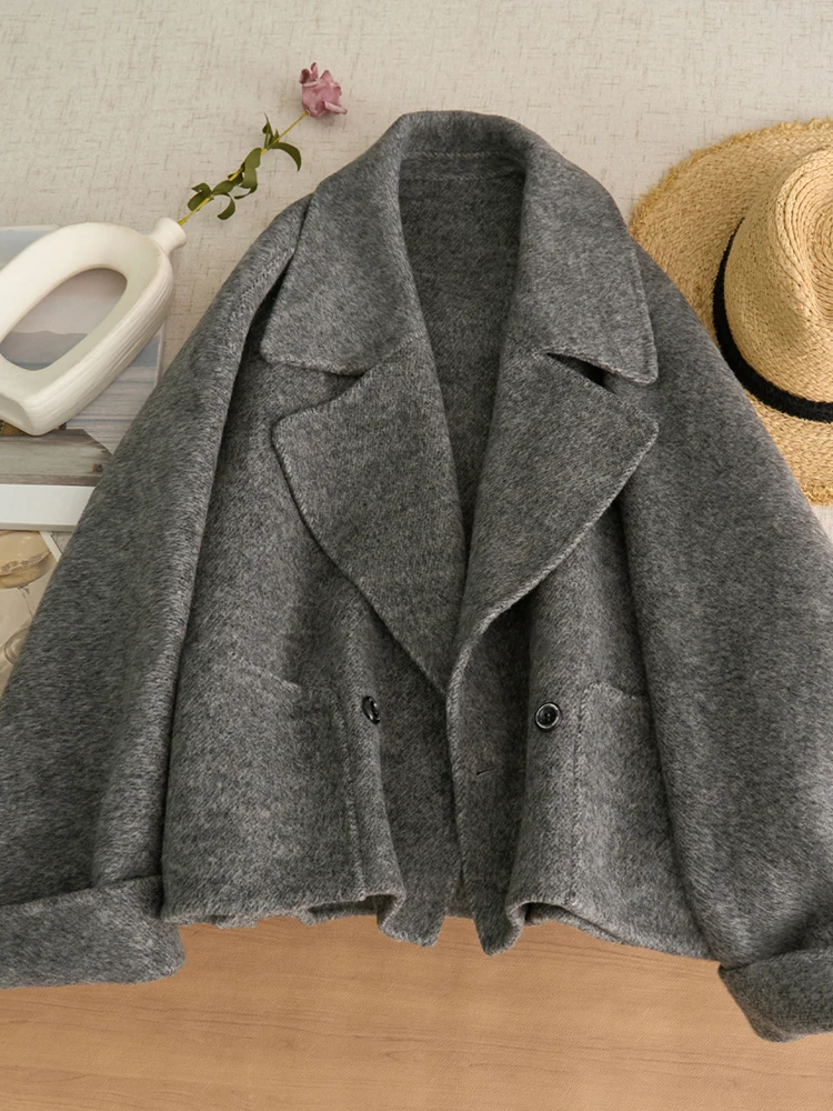 Women's Loose Fit Double Face Wool Coat Beige Oversized Lapel Button Winter Warm Outerwear for Casual Elegant Look