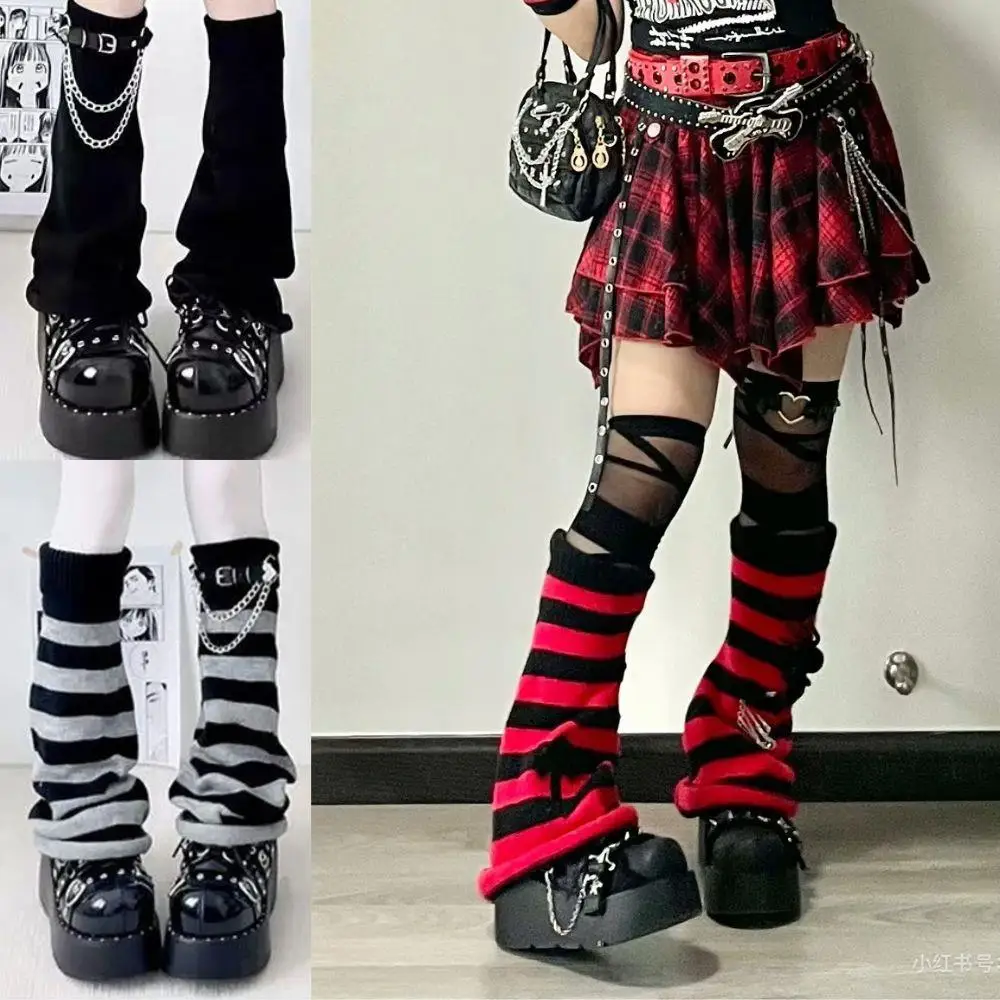 Calentadores de piernas góticos a rayas para mujer, calcetines largos de Lolita blancos y negros, calcetines de invierno japoneses tejidos, calentadores de brazos y tobillos, cubierta de piernas anchas