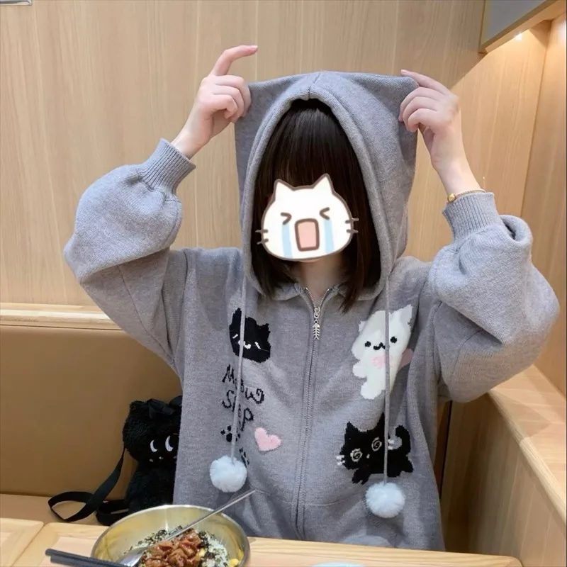 Japanese Kawaii Cat Cartoon Print Knitwear Autumn New Subculture Gray Long-sleeved Hoodie Preppy Style Womens Sweet Cute Outwear